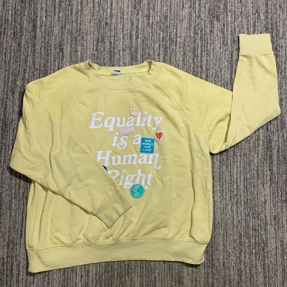 Vintage Old Navy Womens Large Equality Pullover Sweatshirt Butter Yellow Patches
